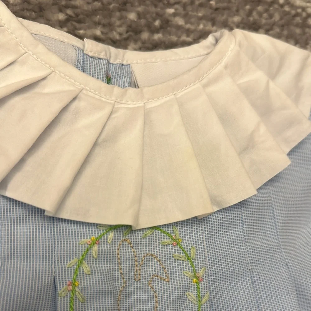 The Proper Peony Blue bunny embroidered dress with ruffle collar 12mo
